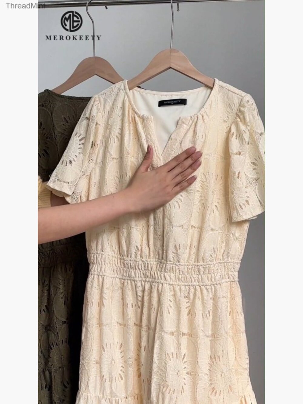 Lace Eyelet Mini Dress with Puff Sleeves, V-Neck, Side Pockets - Picture 7 of 7